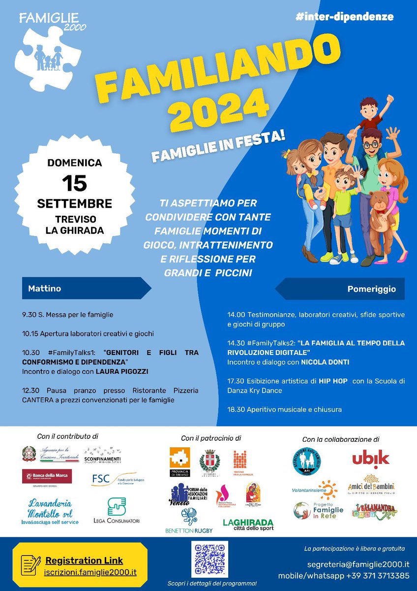 Famiglie2000's tweet photo. Ci siamo! L’edizione 2024 di #familiando si terrà DOMENICA 15 SETTEMBRE A TREVISO! #famiglia #family #Ado @LauraPigozzi @NicolaDonti https://t.co/lQTRCU45IG
