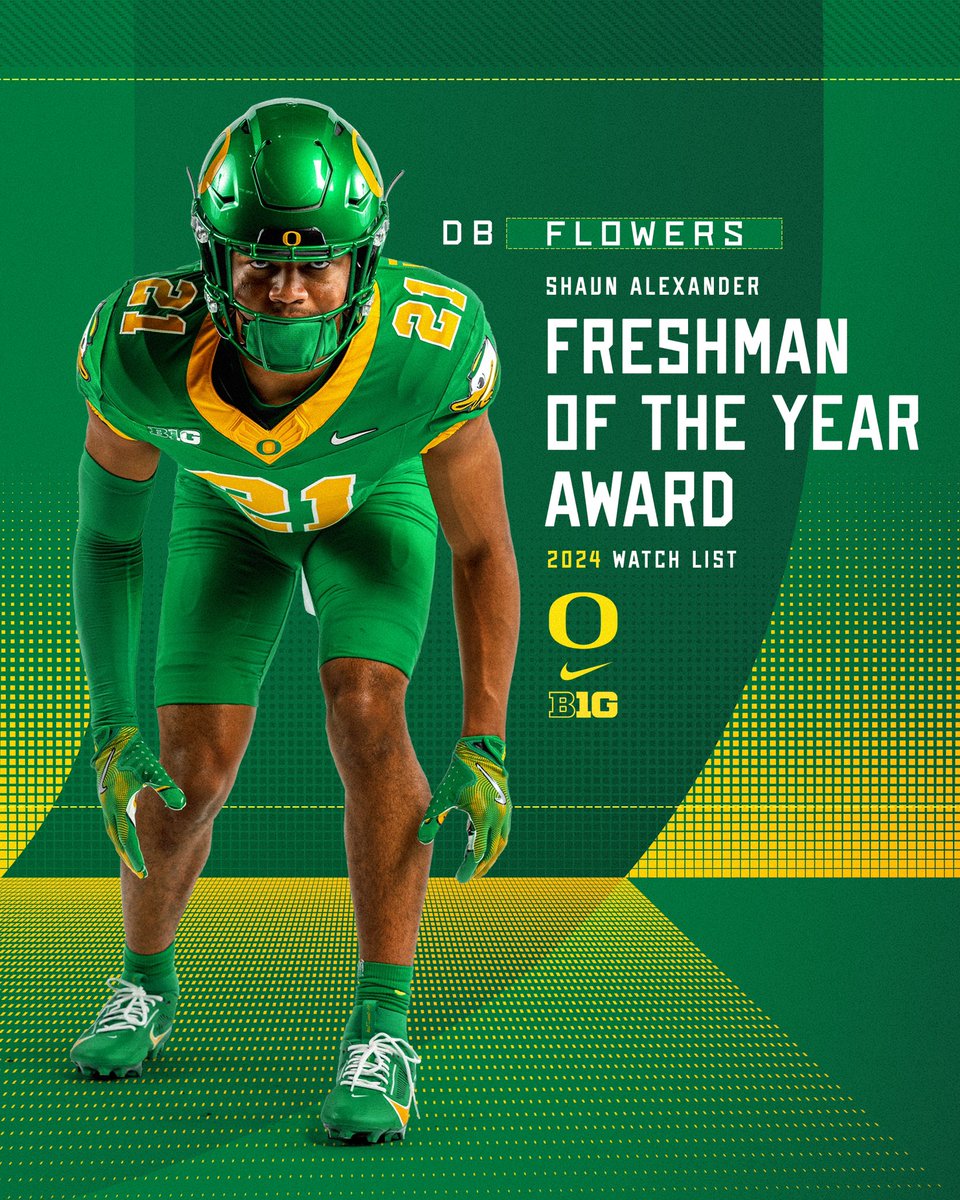 Look out for 2️⃣1️⃣

<a href="/aaronflowers06/">Aaron Flowers</a> is on the Shaun Alexander Freshman of the Year watch list. 

#GoDucks