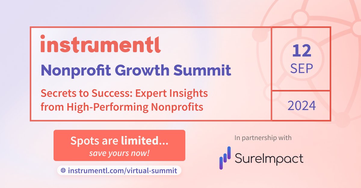 SureImpact (@sureimpactinc) on Twitter photo SureImpact is a proud sponsor of The Nonprofit Growth Summit, hosted by <a href="/BeInstrumentl/">Instrumentl</a>. On 9/12, you'll have the opportunity to learn the insights, strategies, and tools driving top-performing nonprofits forward.
instrumentl.com/r/SureImpactSu… SureImpact is a proud sponsor of The Nonprofit Growth Summit, hosted by <a href="/BeInstrumentl/">Instrumentl</a>. On 9/12, you'll have the opportunity to learn the insights, strategies, and tools driving top-performing nonprofits forward.
instrumentl.com/r/SureImpactSu…