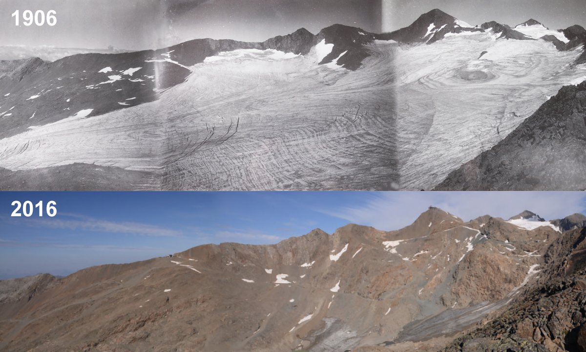Sarennes Glacier (Grandes Rousses, F)
1906 | 2016

For those who only know the mountains through skiing, this is part of the Alpe d'Huez resort (southern part).
Pic Blanc (3,300 m asl) and Pic Bayle (3,465 m asl) to the right.

(1906: J. Flusin; 2016: E. Thibert)