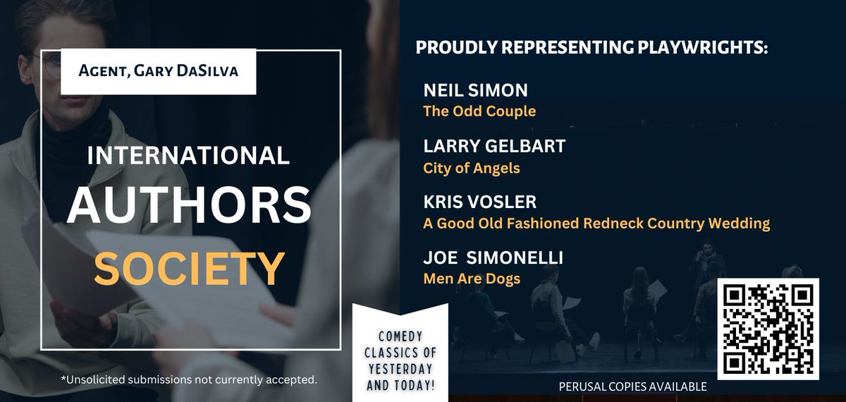 IntlPlaywright's tweet image. Upcoming ad for a theatre publication. Feel free to borrow the ad to share with your favorite theatre group! My agent is the best agent anywhere! Love him like a brother!