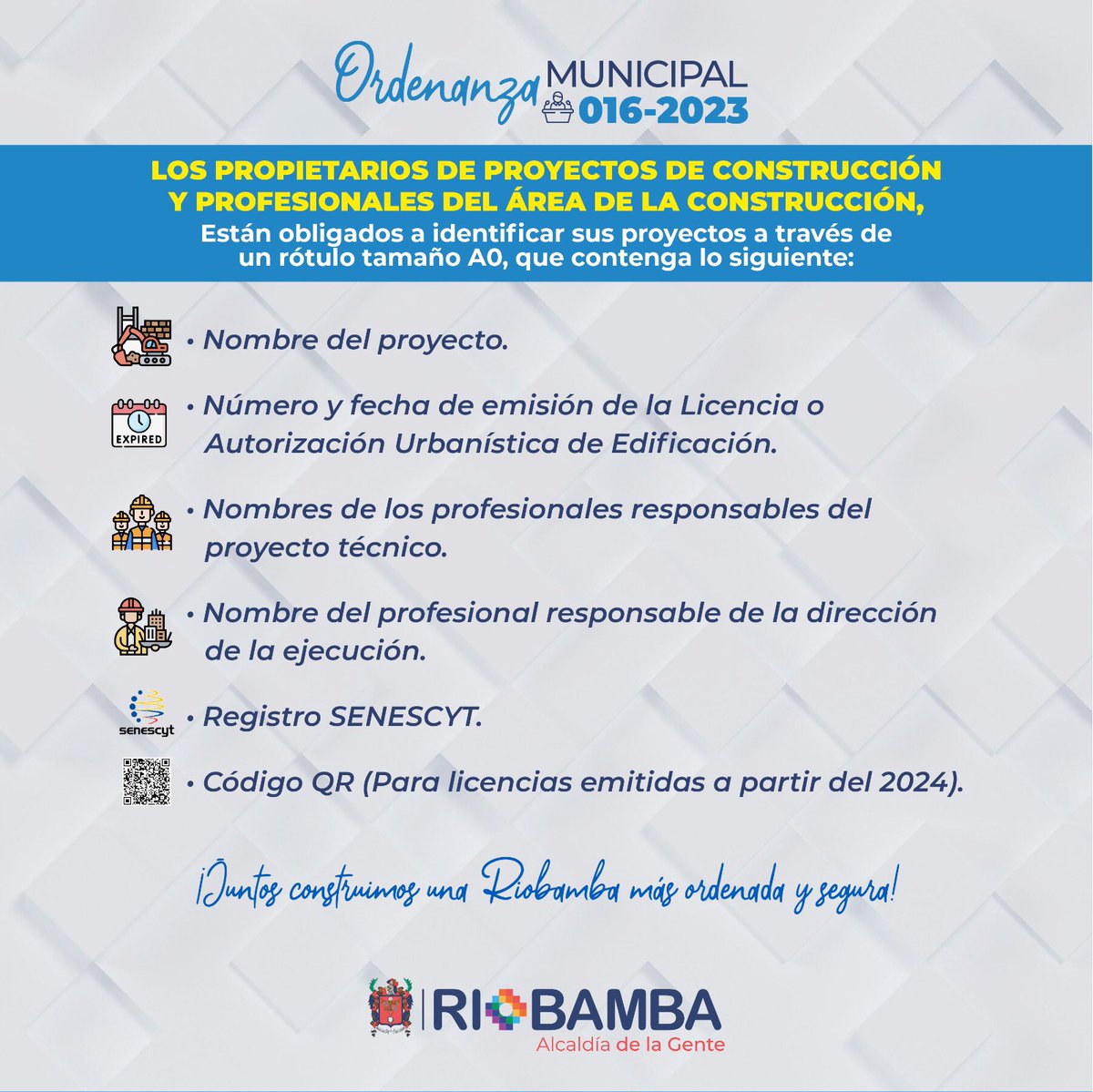 La colocación de rótulos permite la identificación de la obra y facilita el control para la verificación del cumplimiento de normativa técnica y legal, enfocada a garantizar la seguridad de las construcciones que se realizan dentro del cantón
#IdentificaTuObra