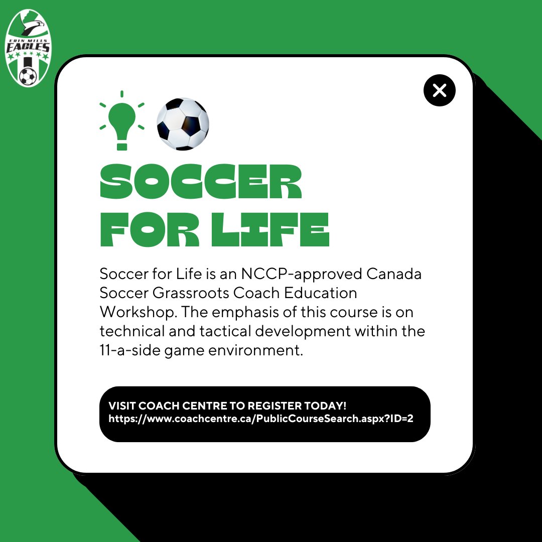 EMSCEagles's tweet photo. OUR COACHING COURSES ARE BACK!
Erin Mills Soccer Club (EMSC) is proud to share that we will be running two coaching courses this Fall including Learn to Train and Soccer for Life!

Only a few spots are available! Register for your course today.

Visit: https://t.co/BNkPYjfUVP https://t.co/zClA3YSoV8