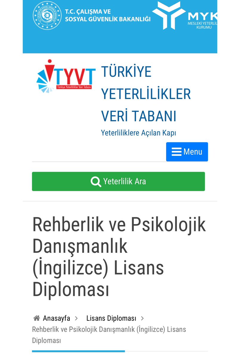 mesutyldrm_pdr's tweet photo. Çalışma ve Sosyal Güvenlik Bakanlığı 
Mesleki Yeterlilik Kurumu
Türkiye Yeterlilikler Veri Tabanı

Yeterlilik Adı : Rehberlik ve Psikolojik Danışmanlık lisans diploması 
Alan Yeterlilik Seviyesi: 6 (lisans)
Sınıflandırma Meslek Kodu: İSCO 08: 2635

Program Profili (Amaç)
Lisans programımn iki ana amacı bulunmaktadır:
•Psikolojik danışman adaylarına genel bir psikolojik danışma ve rehberlik formasyonu kazandırmak ve
•Başta eğitim kurumlan olmak üzere sağlık ve endüstri kurumlarının ihtiyaç duyduğu psikolojik danışmanları yetiştirmektir.

https://t.co/aspxG8MigO

@YuksekogretimK 
@erolozvar 

#BenimUnvanım