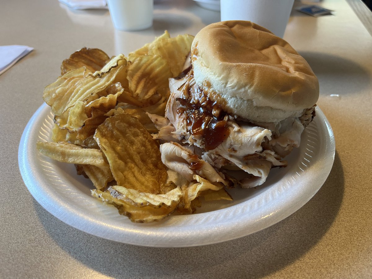 Delicious lunch at <a href="/bettandbevs/">Bett & Bev's</a> BBQ in Jefferson.  BBQ turkey and “frips!”