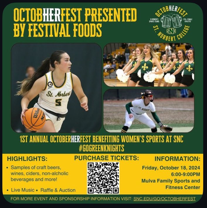 St. Norbert College Women’s Basketball (@sncwbb) on Twitter photo We are excited about our upcoming inaugural OctobHERfest presented by <a href="/festfoods/">Festival Foods</a> and <a href="/AmeriLuxIntl/">AmeriLux Intl</a>
OctobHERfest will help raise funds to support women’s athletics at St. Norbert. The event will include beer, wines, ciders, non alcoholic beverages, live music, raffles and more! We are excited about our upcoming inaugural OctobHERfest presented by <a href="/festfoods/">Festival Foods</a> and <a href="/AmeriLuxIntl/">AmeriLux Intl</a>
OctobHERfest will help raise funds to support women’s athletics at St. Norbert. The event will include beer, wines, ciders, non alcoholic beverages, live music, raffles and more!