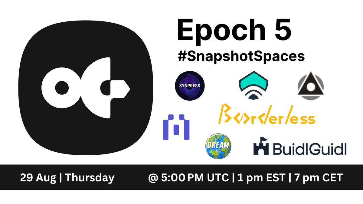 OctantApp's tweet photo. Full lineup for our final day of #SnapshotSpaces!
Public goods greats telling their stories:
π Blockscout @blockscoutcom
π NetSepio @netsepio @Shachindra92
π§π½βπ» B<>rder/ess Dev Hub @BorderlessDev
π Mechanism Institute @mechanism_inst
π©π»βπ Dream DAO @DreamDAO_ @maritan_twt
π° BuidlGuidl @buidlguidl
π Synpress @Synpress_ @localtechboy