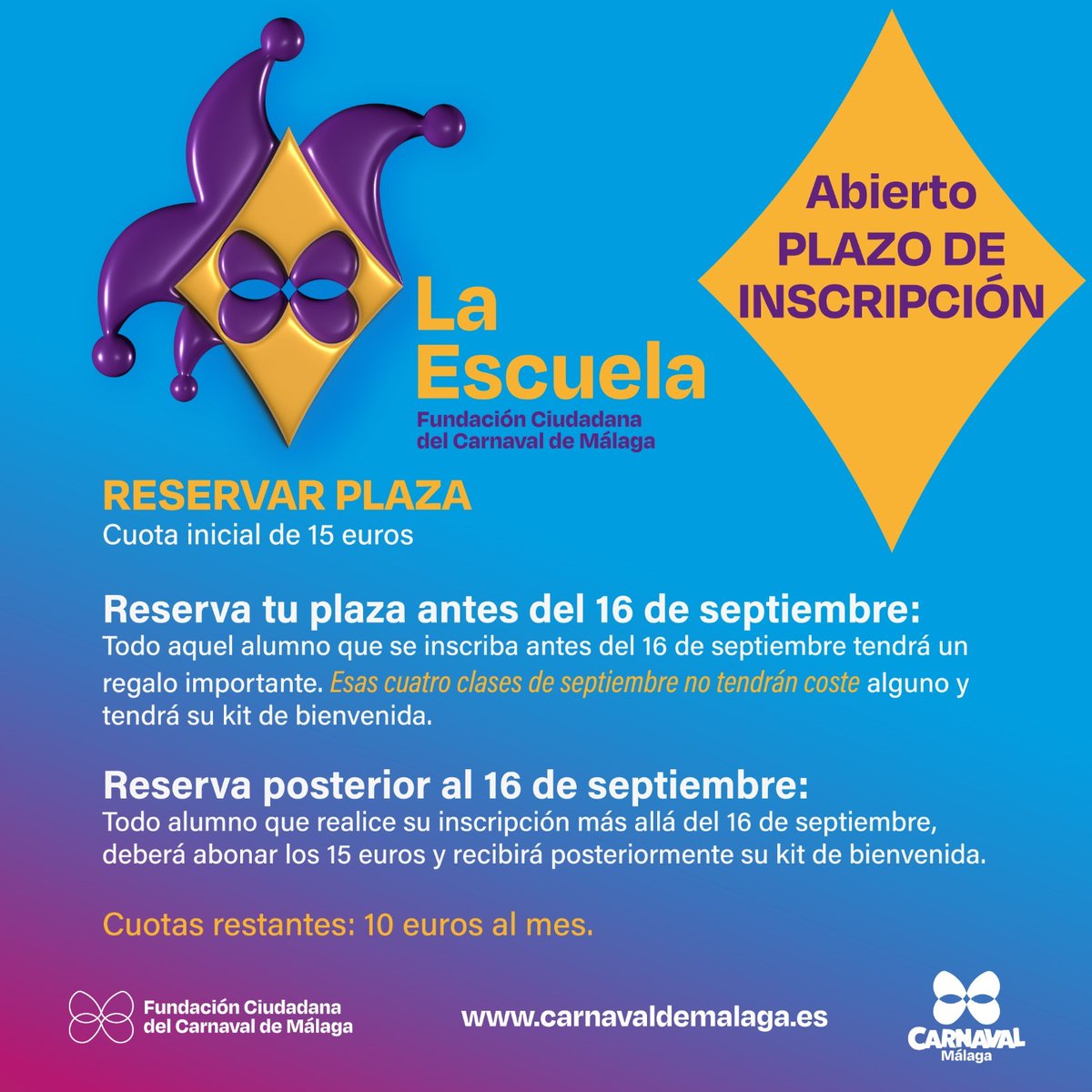 Carnaval de Málaga (@carnavalmlg) on Twitter photo 🎭Todo aquel que quiera apuntarse a La Escuela del #CarnavalMLG lo puede hacer ya
👉Edad mínima 8 años
😍Adaptada a nivel académico
🎉Importante descuentos
📲FORMULARIO de INSCRIPCIÓN:
docs.google.com/forms/d/e/1FAI… 🎭Todo aquel que quiera apuntarse a La Escuela del #CarnavalMLG lo puede hacer ya
👉Edad mínima 8 años
😍Adaptada a nivel académico
🎉Importante descuentos
📲FORMULARIO de INSCRIPCIÓN:
docs.google.com/forms/d/e/1FAI…