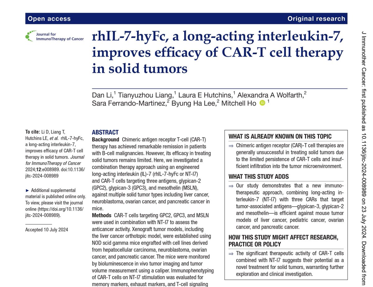 Journal for ImmunoTherapy of Cancer (@jitcancer) on Twitter photo Let’s take a closer look at recent #JITC article: “rhIL-7-hyFc, a long-acting interleukin-7, improves efficacy of CAR-T cell therapy in solid tumors” by <a href="/MitchellHo/">Mitchell Ho, PhD</a> & <a href="/danli_502/">Dan Li</a> from @NCIResearchCtr & <a href="/NeoImmuneTech/">NeoImmuneTech</a>. 1/8 Let’s take a closer look at recent #JITC article: “rhIL-7-hyFc, a long-acting interleukin-7, improves efficacy of CAR-T cell therapy in solid tumors” by <a href="/MitchellHo/">Mitchell Ho, PhD</a> & <a href="/danli_502/">Dan Li</a> from @NCIResearchCtr & <a href="/NeoImmuneTech/">NeoImmuneTech</a>. 1/8