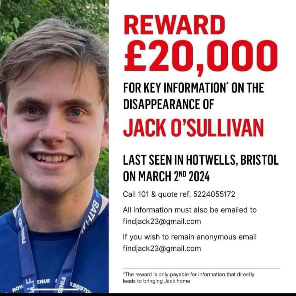 #findjack. Urgent appeal for help to review CCTV/ringbell/dashcam footage for early hours of Sat 2 March 2024 before recordings are permanently deleted in about 5 days time. We are looking for 23 year old Jack O’Sullivan from Bristol last seen in the Benbett Rd/Hotwells area.