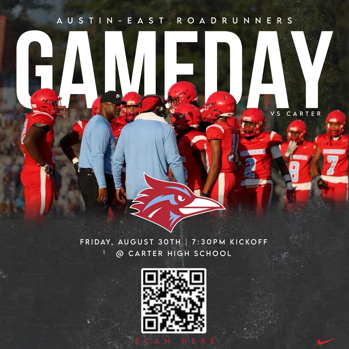 Join us for an exciting Week 2 matchup as your AE Roadrunners travel to Carter High School to face the Green Hornets!Wear your red and Columbia blue and show your support for our team. Kickoff is at 7:30 PM–let’s make some noise and cheer our Roadrunners to victory! Scan QR code!