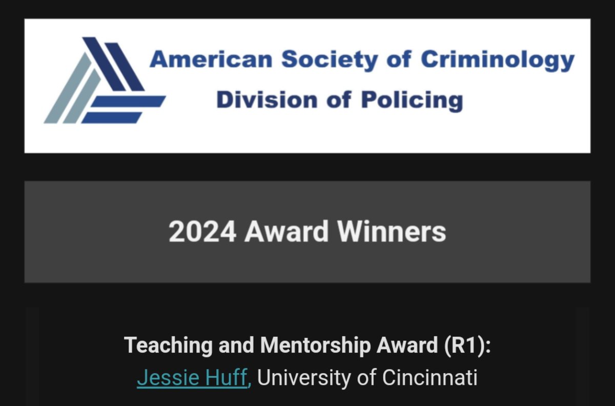 Proud to win the ASC Division of Policing Teaching &amp; Mentorship Award! Incredibly honored to be nominated by a student. Getting to work with students is one of the best parts of my job, and I am grateful to be part of their journeys. This recognition means a lot.
