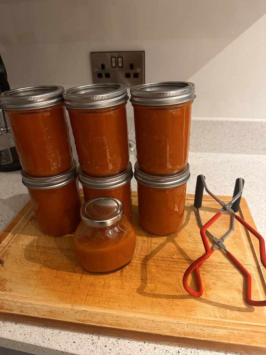 pvt_ak's tweet image. Chilli sauce done, canned, ready for labelling! 🌶️ I planned to simmer down for thicker finish, but sleep won 😴 Don’t worry, there'll be more batches before the year's out! Off to bed before work calls again. Recipe link coming later this week! #SoTired #AllotmentLife #gyo