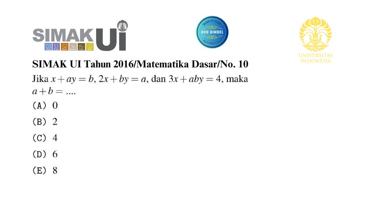 BimbelIcsiak's tweet image. SIMAK UI Tahun 2016/Matematika Dasar/No. 10 (Sistem Persamaan Linier Dua Variabel)

 #simakUI #UI #simakUI2024 #AMBISVERSE