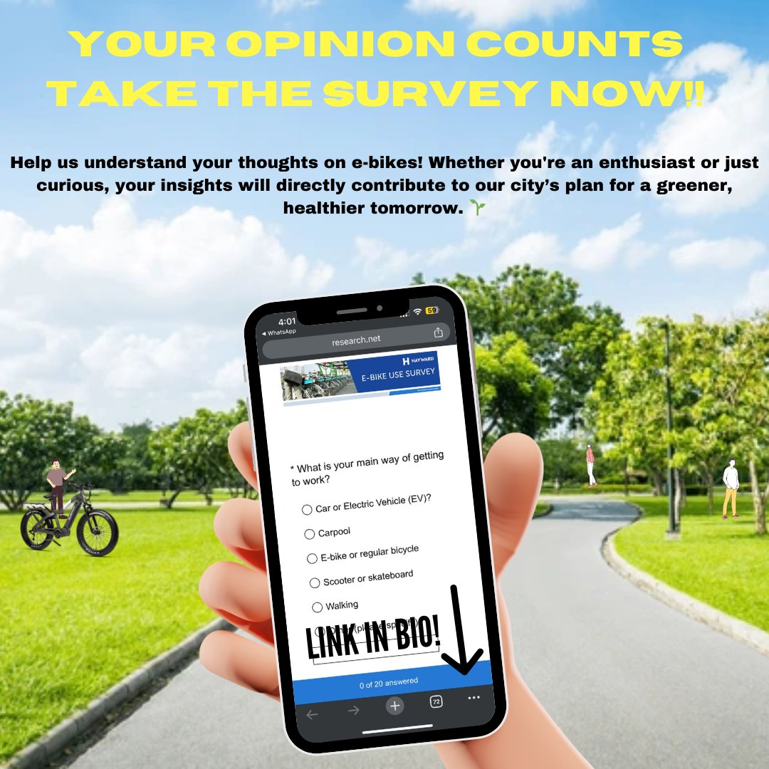 City of Hayward eBike Survey - Your opinion is a powerful force for positive change, and we invite you to be a part of an initiative that will shape the future of sustainable transportation in our community.
research.net/r/Hayward-E-Bi…