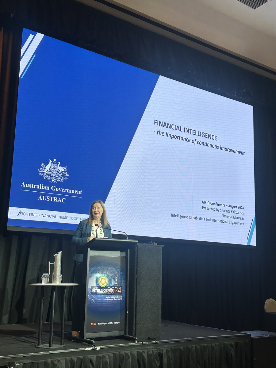 AIPIO's tweet photo. Jacinta Kirkpatrick from @AUSTRAC providing the Plenary Address at #Intelligence2024 in Brisbane https://t.co/2UjUKnuoff