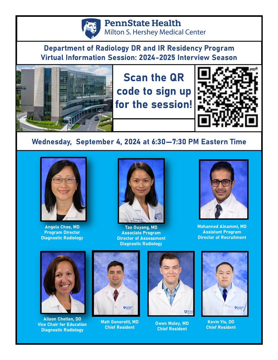 PSUrad (@psurad) on Twitter photo 🔊 #FutureRadRes #Match2025 🔊
Don't miss the chance to learn about our DR/IR residency program at Penn State Hershey Medical Center!
Join us next Wednesday 9/4/24 at 6:30pm EST
<a href="/angchoemd/">Angela I. Choe MD FACR</a> <a href="/ALChetlen/">Alison L. Chetlen, D.O. FSBI</a> @AlnammiMD <a href="/TheRadRoom/">TheRadRoom</a> <a href="/Inside_TheMatch/">Inside The Match</a>
Register: tinyurl.com/mseubzuz 🔊 #FutureRadRes #Match2025 🔊
Don't miss the chance to learn about our DR/IR residency program at Penn State Hershey Medical Center!
Join us next Wednesday 9/4/24 at 6:30pm EST
<a href="/angchoemd/">Angela I. Choe MD FACR</a> <a href="/ALChetlen/">Alison L. Chetlen, D.O. FSBI</a> @AlnammiMD <a href="/TheRadRoom/">TheRadRoom</a> <a href="/Inside_TheMatch/">Inside The Match</a>
Register: tinyurl.com/mseubzuz