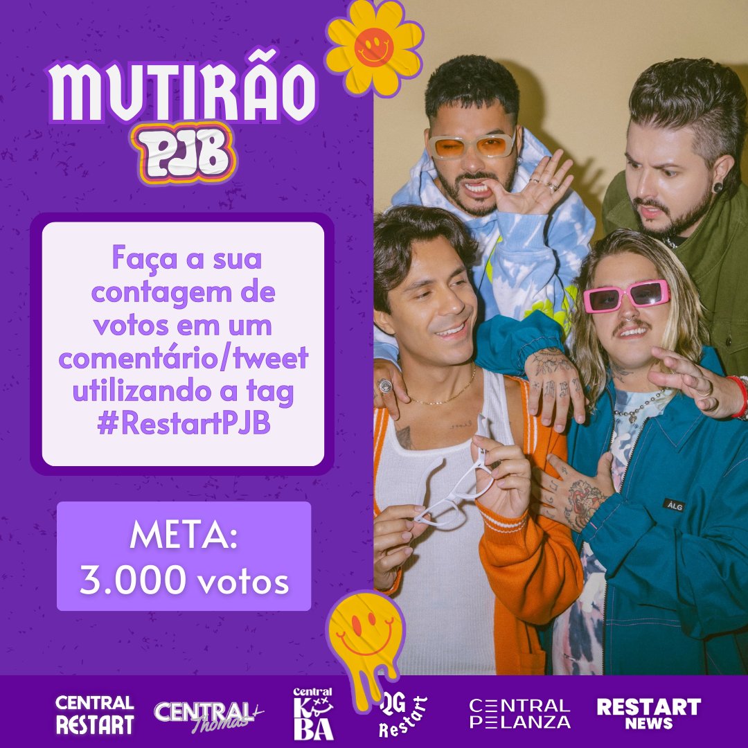 💜 MUTIRÃO RESTART PJB 💜

🔗 Vote em Restart para BANDA DO ANO no #PJB2024:
premiojovem.com.br

⏳Duração: das 21h até às 22h30!

💬 Conte seus votos comentando com a tag #RestartPJB

🎁 Quem mais votar na semana ganha um kit de mimos da banda