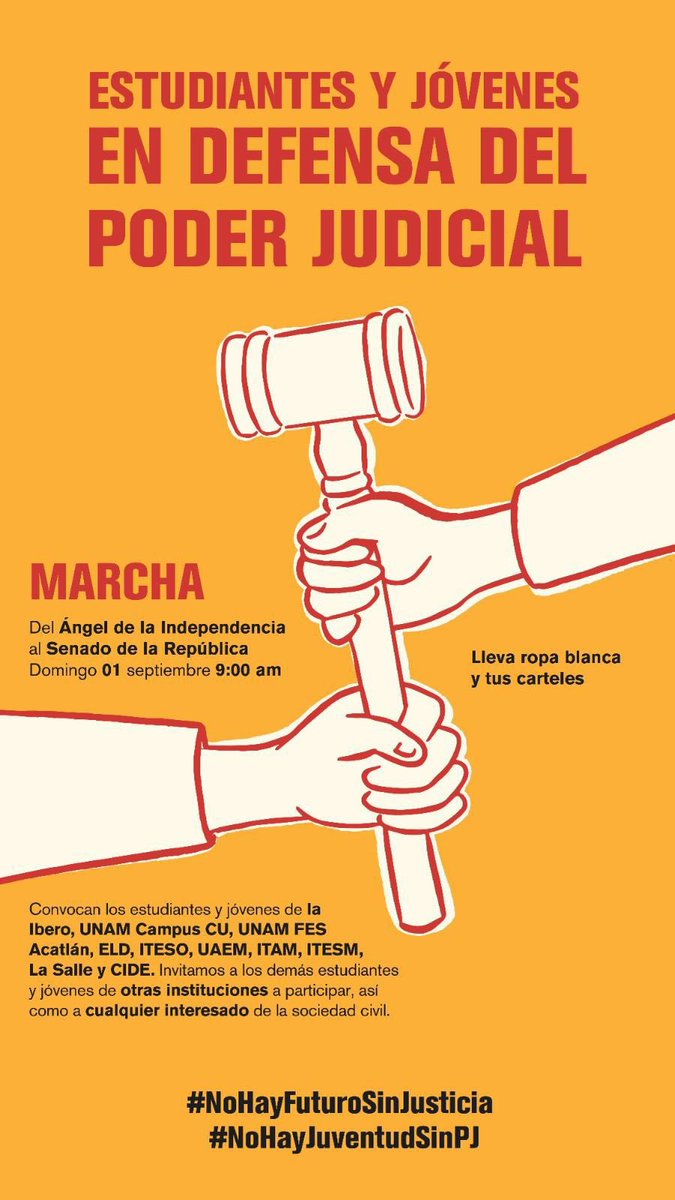 Juan_OrtizMX's tweet photo. 🗳️📌 ESTUDIANTES Y JÓVENES MARCHAN EN DEFENSA DEL PODER JUDICIAL

Este domingo 1 de septiembre a las 9:00 am, estudiantes y jóvenes de diversas universidades, como la Ibero, UNAM, ITAM, ITESM, y muchas más, se reunirán en el Ángel de la Independencia para marchar hacia el Senado de la República. 

La convocatoria es clara: protestar contra la reforma judicial y defender la independencia del Poder Judicial.

Se invita a todos los estudiantes, jóvenes y cualquier interesado de la sociedad civil a unirse. 

La recomendación es llevar ropa blanca y carteles para expresar sus demandas.