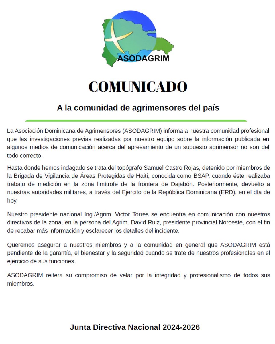 COMUNICADO: ASODAGRIM esclarece información sobre la detención de un topógrafo en la frontera de Dajabón asodagrim.com/asodagrim-escl…
