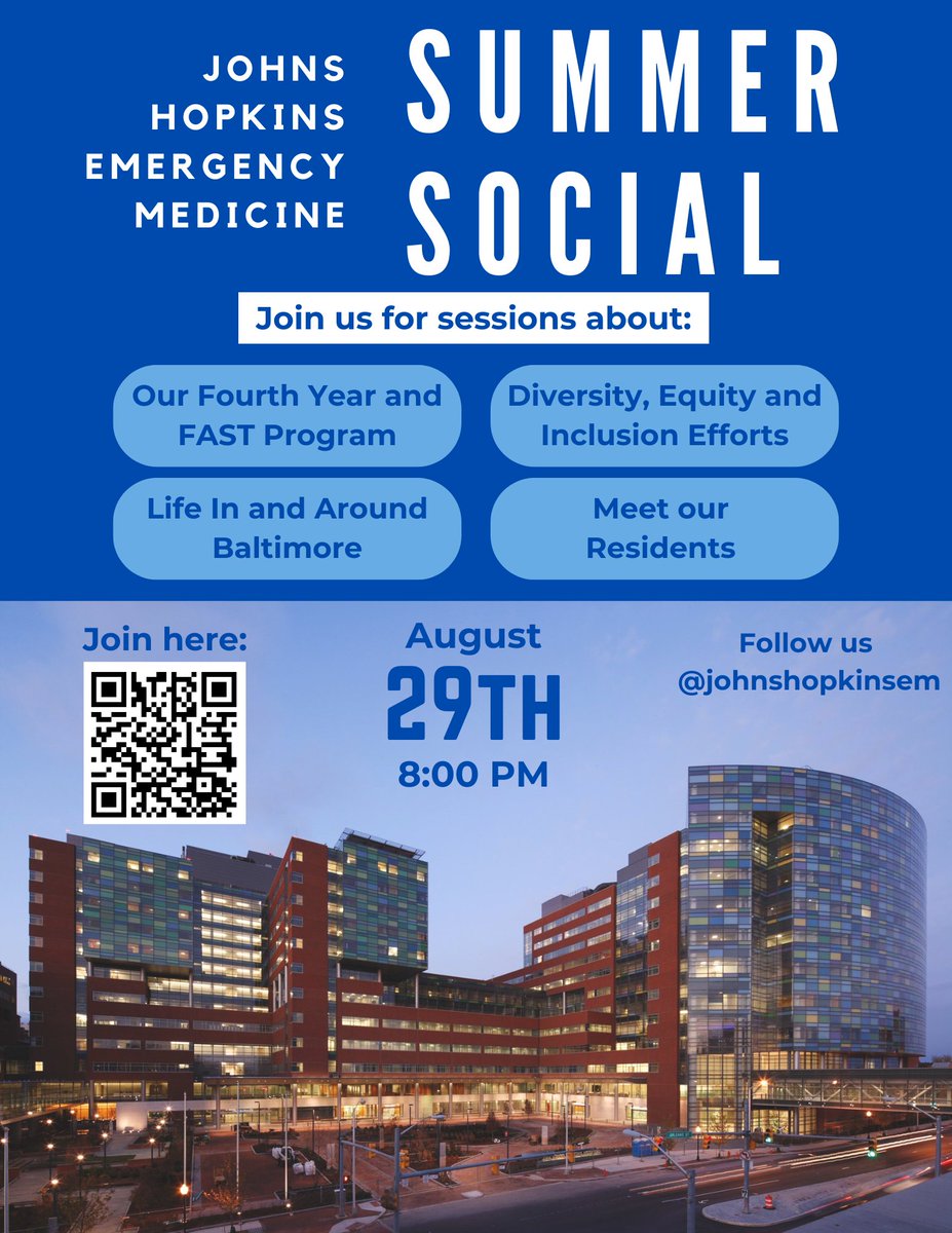 Johns Hopkins EM (@johnshopkinsem) on Twitter photo 📢 Calling all #EMbound #Match2025 applicants! Log on tomorrow at 8PM EDT for our Summer Social! Meet <a href="/HopkinsMedicine/">Johns Hopkins Medicine</a> EM residents & faculty to learn about our program & #CharmCity...hope to see you there! 📢 Calling all #EMbound #Match2025 applicants! Log on tomorrow at 8PM EDT for our Summer Social! Meet <a href="/HopkinsMedicine/">Johns Hopkins Medicine</a> EM residents & faculty to learn about our program & #CharmCity...hope to see you there!