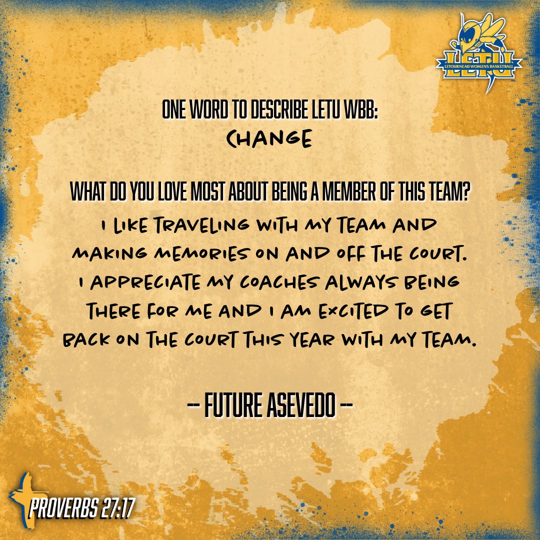 Up next in our 2024-2025 Roster Round-Up: Future Asevedo! 

Future’s determination is unmatched—she plays with grit and heart every game. Her relentless pursuit of excellence will help drive our team forward this season!

#LeTourneauBuilt
