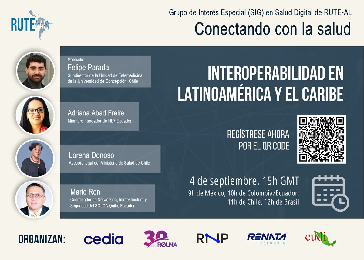 RedCLARA's tweet photo. 🚨El próximo encuentro #RUTEAL discutirá las oportunidades y desafíos en la integración de sistemas de salud en la región. 
📅miércoles 4 de septiembre 
⏰15h GMT (9h México, 10h Colombia/Ecuador, 11h Chile, 12h Brasil). 
Más: https://t.co/4ryeOjsdtO
#Telemedicina #Salud https://t.co/PGOLFb24WL