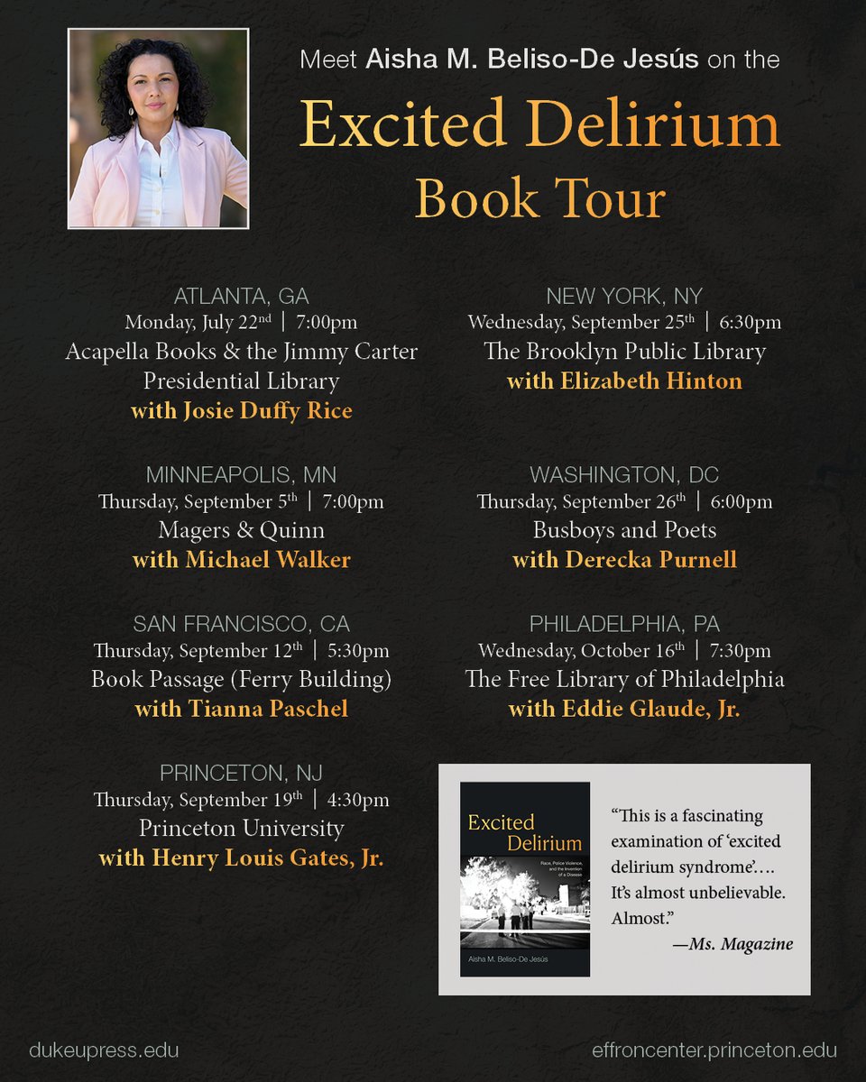 Aisha Beliso-DeJesus (@beliso_dejesus) on Twitter photo Looking forward to #ExcitedDelirium book events in Sept/Oct. Meet me in Minneapolis, S.F., Princeton, Brooklyn, D.C., and Philly with amazing interlocutors: Michael Walker, Tianna Paschel, <a href="/HenryLouisGates/">Henry Louis Gates Jr</a>, <a href="/elizabhinton/">Elizabeth Hinton</a>, <a href="/dereckapurnell/">derecka</a>, <a href="/esglaude/">Eddie S. Glaude Jr.</a>. Hope to see you! <a href="/DukePress/">Duke University Press</a> Looking forward to #ExcitedDelirium book events in Sept/Oct. Meet me in Minneapolis, S.F., Princeton, Brooklyn, D.C., and Philly with amazing interlocutors: Michael Walker, Tianna Paschel, <a href="/HenryLouisGates/">Henry Louis Gates Jr</a>, <a href="/elizabhinton/">Elizabeth Hinton</a>, <a href="/dereckapurnell/">derecka</a>, <a href="/esglaude/">Eddie S. Glaude Jr.</a>. Hope to see you! <a href="/DukePress/">Duke University Press</a>