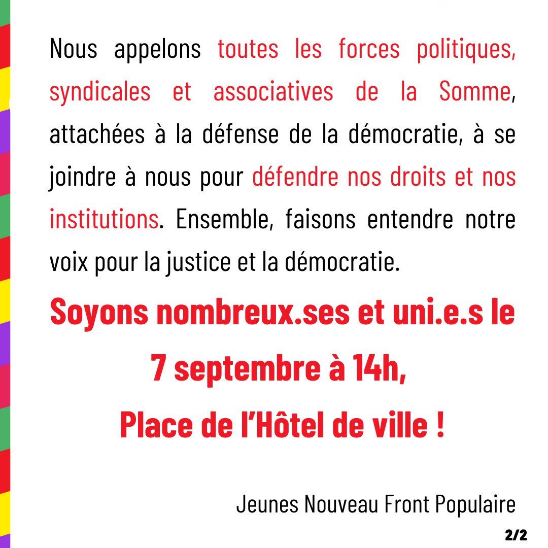 🔴 Contre le coup de force de Macron, mobilisons  nous le 7 septembre, 14h place de l'hôtel de ville à Amiens pour exiger le respect des élections et de la volonté populaire 🔥