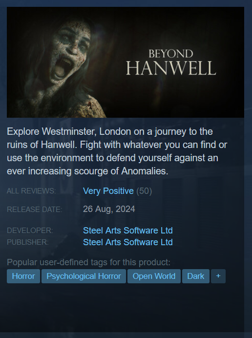 It's  going pretty well! Thank you to everyone who played so far! Very  Positive reviews is a huge milestone and validates the last two years of  work. Still a way to go in development but what a great start! #indie #horror #Steam