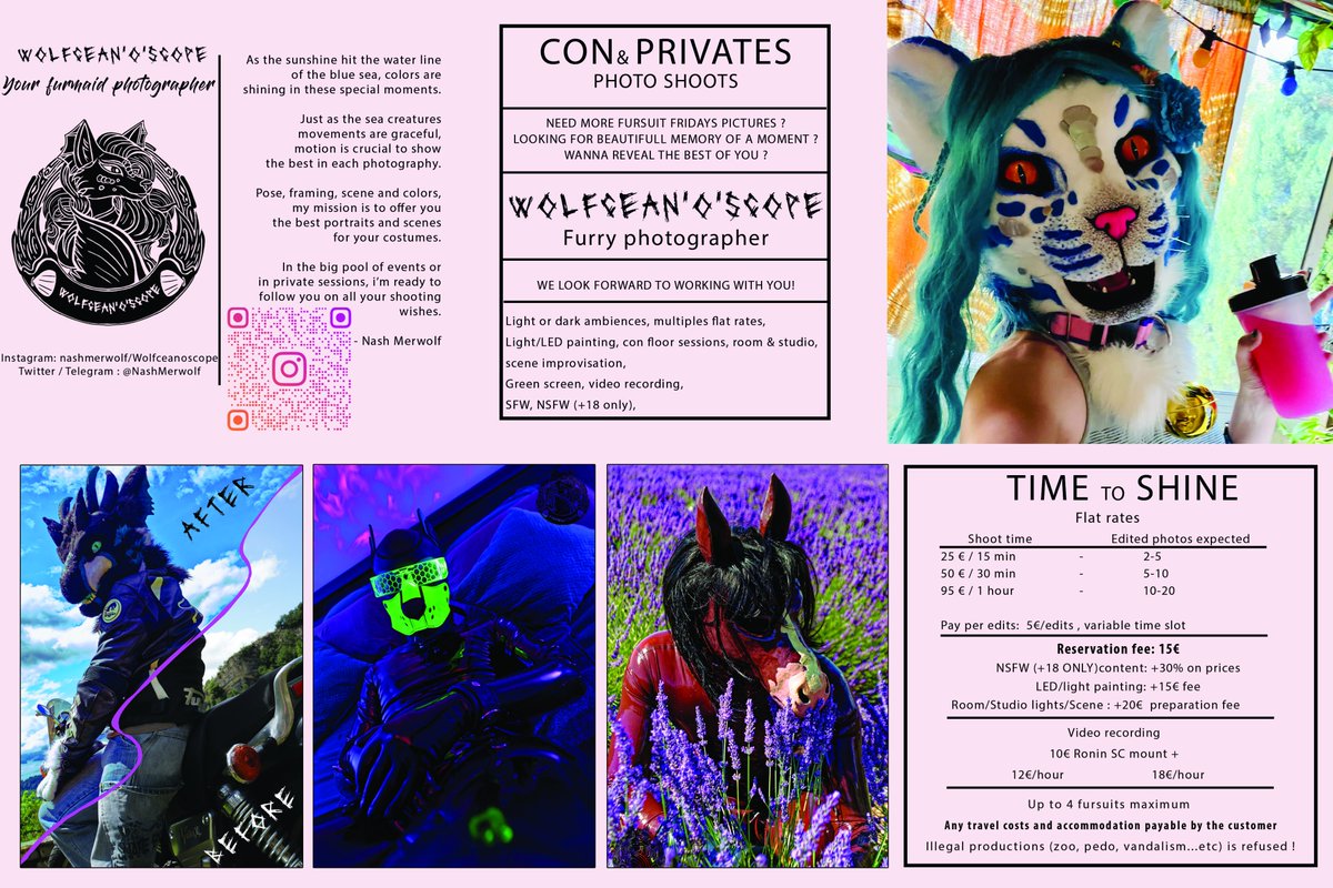 I'm glad to present you my photoshoot's pricelists V1 ~
Dont hesitate to contact me for any question or follow me on Instagram ! I'll be glad to work with you !
#wolfceanoscope #furry #fursuit
