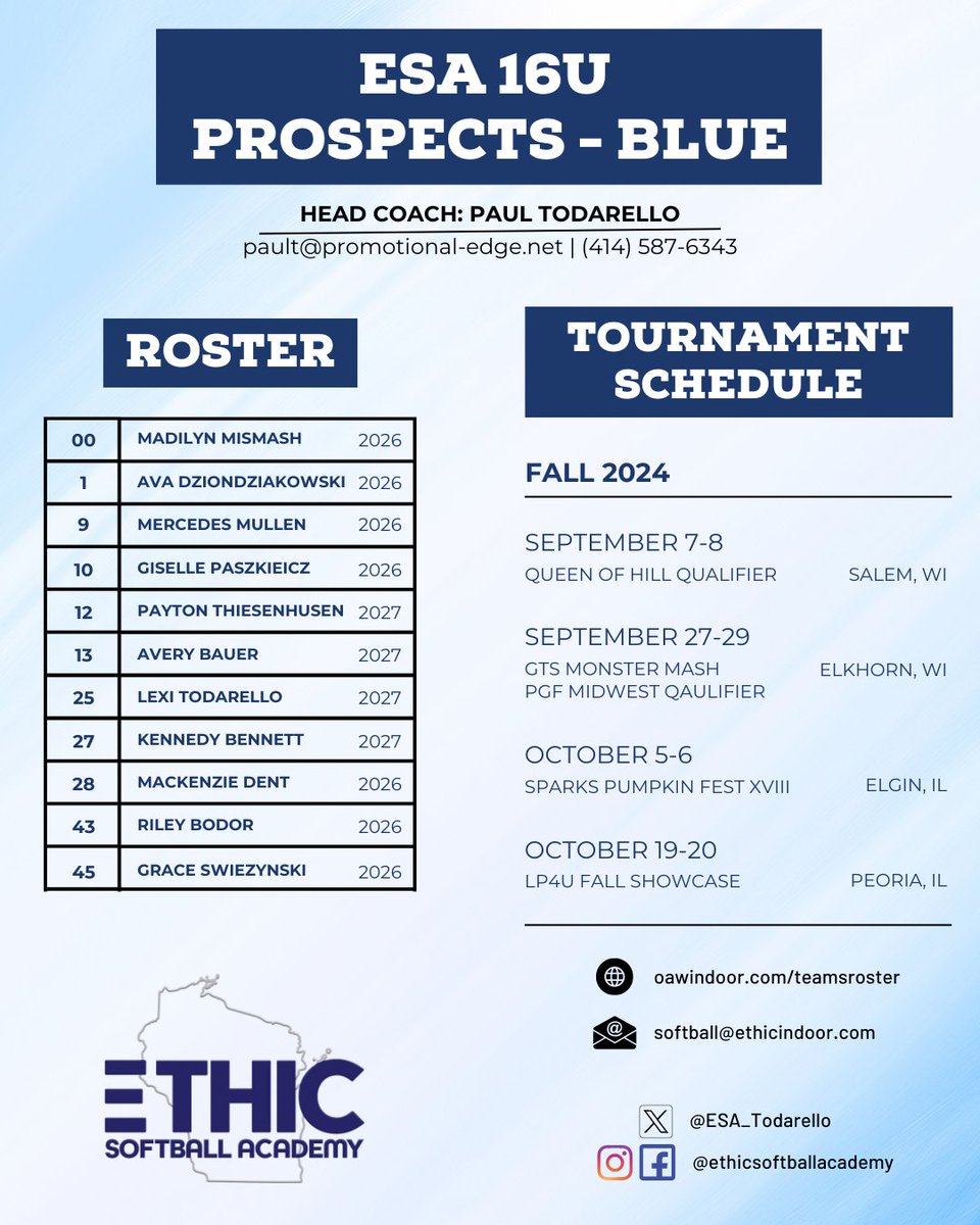 ESA 16U Prospects - Blue (@esa_todarello) on Twitter photo Fall season is almost underway! Take a look at our 2024 Fall tournament schedule🙌
<a href="/Kennedyb2727/">Kennedy Bennett</a> <a href="/madilynmismash/">madilyn mismash</a> <a href="/GSwiezynski/">Grace Swiezynski</a> <a href="/paytonthiese/">Payton Thiesenhusen</a> <a href="/LexiTodarello/">Lexi Todarello</a> Fall season is almost underway! Take a look at our 2024 Fall tournament schedule🙌
<a href="/Kennedyb2727/">Kennedy Bennett</a> <a href="/madilynmismash/">madilyn mismash</a> <a href="/GSwiezynski/">Grace Swiezynski</a> <a href="/paytonthiese/">Payton Thiesenhusen</a> <a href="/LexiTodarello/">Lexi Todarello</a>