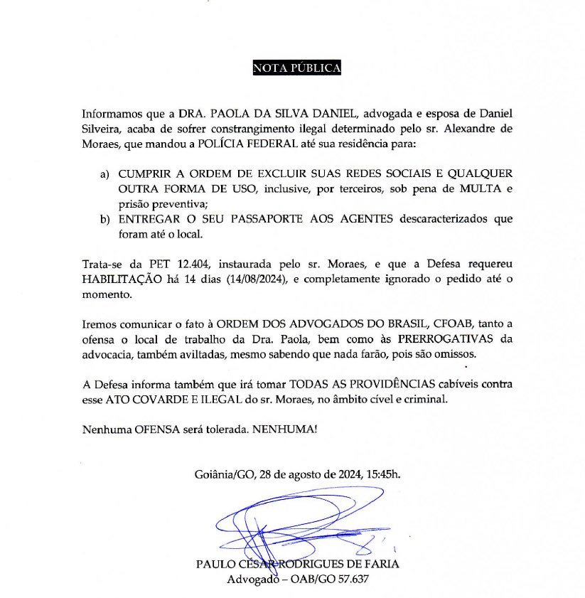 🚨URGENTE: Moraes ordena à esposa de Daniel Silveira excluir redes sociais e entregar passaporte, sob pena de prisão. 

A PF esteve na casa de Paola da Silva Daniel, advogada e esposa de Daniel Silveira, ameaçando prisão caso não cumprisse a ordem. Paola excluiu suas contas no