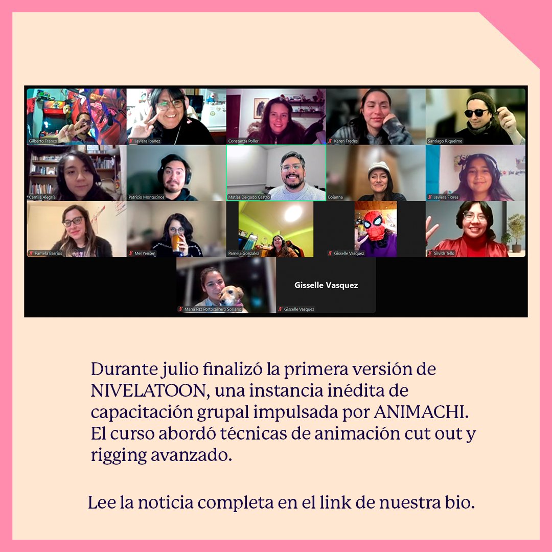 #Noticias ➡️Con éxito finaliza Nivelatoon, la primera beca de capacitación impulsada por ANIMACHI. 16 profesionales, de distintas regiones del país, participaron de esta capacitación gratuita en el software Toon Boom Harmony. 

➡️Lee la nota completa aquí:
animachi.cl/2024/08/22/niv…