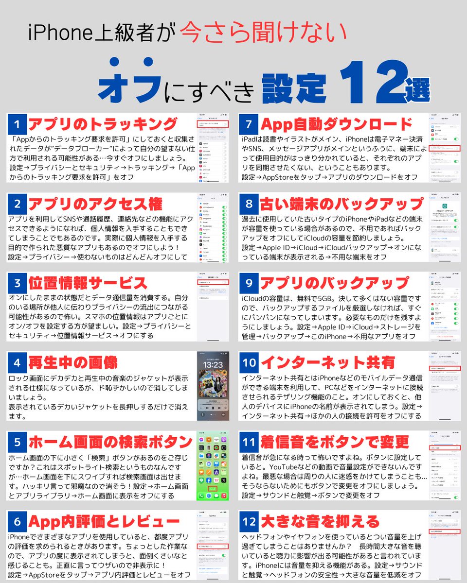 Daisaku_Samon's tweet photo. とにかく「オフ」にすべきiPhoneの設定をまとめました。 https://t.co/ImFLovuMqF