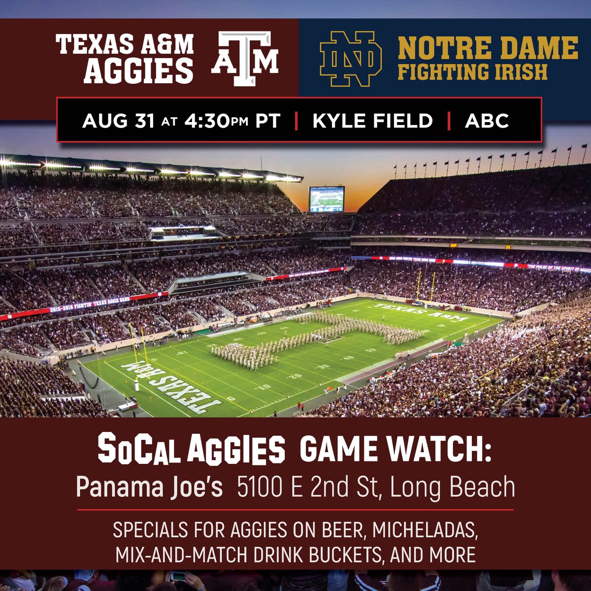 SoCalAggies's tweet photo. Aggie Football returns this Saturday! 🏈

Join SoCal Aggies at Panama Joe's in Long Beach to watch the Ags kick off the season and the Mike Elko era taking on Notre Dame at home. https://t.co/vJAFfKYMFK