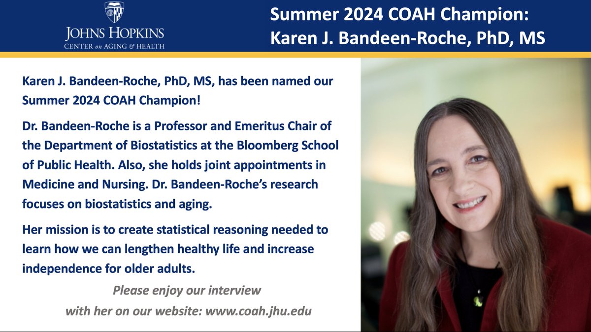 COAH (@jhu_coah) on Twitter photo We are delighted to share with you that COAH Faculty Karen J. Bandeen-Roche, PhD, MS, has been named our Summer 2024 COAH Champion!
Please enjoy our interview with her:
coah.jhu.edu/2024/08/28/sum…
FYI <a href="/HopkinsMedNews/">Hopkins Med News</a> <a href="/HopkinsMedicine/">Johns Hopkins Medicine</a> <a href="/JohnsHopkinsSPH/">Johns Hopkins Bloomberg School of Public Health</a> <a href="/JHUNursing/">Hopkins Nursing</a> <a href="/JohnsHopkinsDOM/">Johns Hopkins Department of Medicine</a> We are delighted to share with you that COAH Faculty Karen J. Bandeen-Roche, PhD, MS, has been named our Summer 2024 COAH Champion!
Please enjoy our interview with her:
coah.jhu.edu/2024/08/28/sum…
FYI <a href="/HopkinsMedNews/">Hopkins Med News</a> <a href="/HopkinsMedicine/">Johns Hopkins Medicine</a> <a href="/JohnsHopkinsSPH/">Johns Hopkins Bloomberg School of Public Health</a> <a href="/JHUNursing/">Hopkins Nursing</a> <a href="/JohnsHopkinsDOM/">Johns Hopkins Department of Medicine</a>