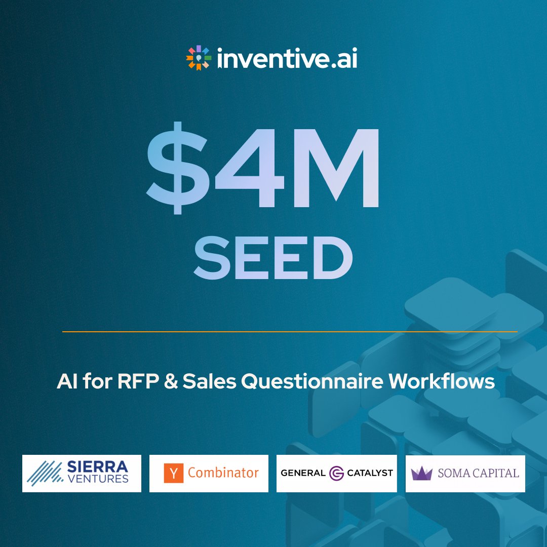 vishakhhegde's tweet photo. 🚀 Excited to share that Inventive AI has raised $4M Seed led by @Sierra_Ventures and participated in by @ycombinator, @Soma_Capital, @generalcatalyst for our mission to build the world's best sales intelligence platform.

We are building for AI-first RFP (Request for Proposal) and sales questionnaire workflows that cut busywork by over 70%. This will allow sales team to focus on what really matters - winning the proposal! 💪

Special thanks to our customers, investors and talented teammates who believe in our vision. We’re pumped to push the boundaries of what’s possible in sales intelligence!

Check out the press release and some of the news articles in the first comment.

@dhiren9, @gaurav_nemade15 and I are super grateful to our investors Mark Fernandes, Anne Gherini, @dessaigne, @koomen, @aaron_epstein, @daltonc, @aneelr, Nikhita Jaaswal & Tamanna Khemani.