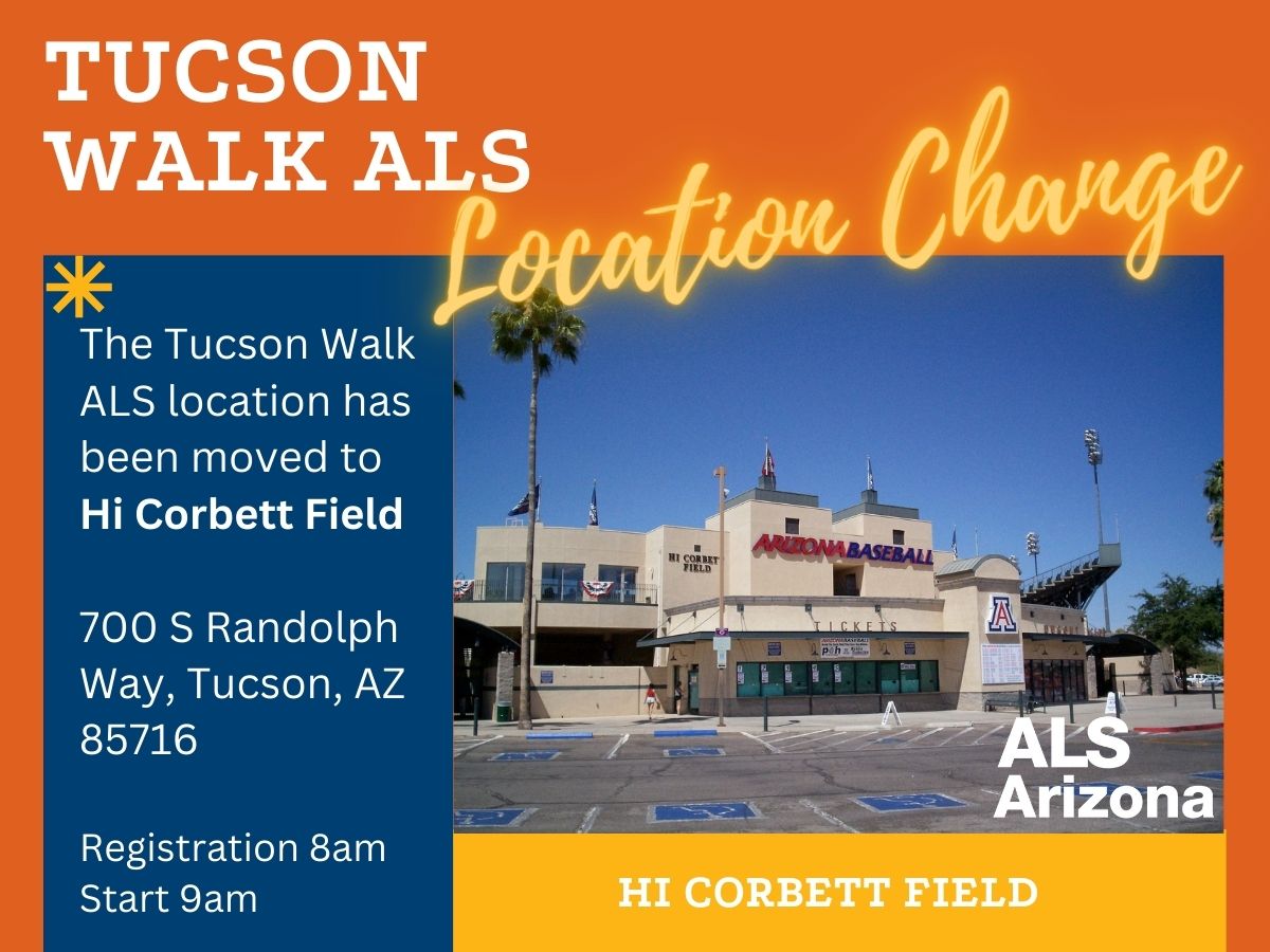 Important update! 🔔Due to unforeseen circumstances, we've moved our 2024 Tucson Walk ALS from its original location at Reid Park to a NEW location:
Hi Corbett Field
700 S. Randolph Way
Tucson, AZ 85716
Register your team now at secure.alsaz.org/alstucsonwalk2…