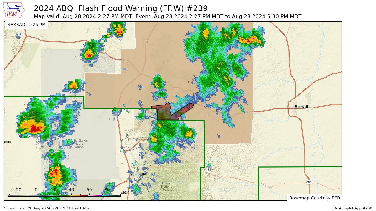 ABQ issues Flash Flood Warning [flash flood: radar indicated, flash flood damage threat: considerable] for Lincoln [NM] till Aug 28, 5:30 PM MDT mesonet.agron.iastate.edu/vtec/f/2024-O-…