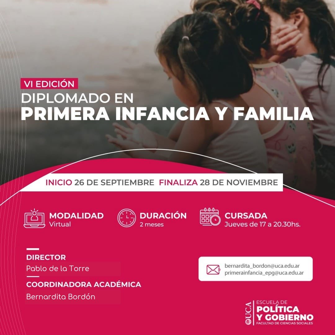 Con mucha alegría y entusiasmo compartirnos la *VI° edición de la Diplomatura de Primera Infancia y Familia* que realizamos con la Escuela de Política y Gobierno de la Pontificia Universidad Católica Argentina.
Para más información, escribir al mail de contacto
Los esperamos!