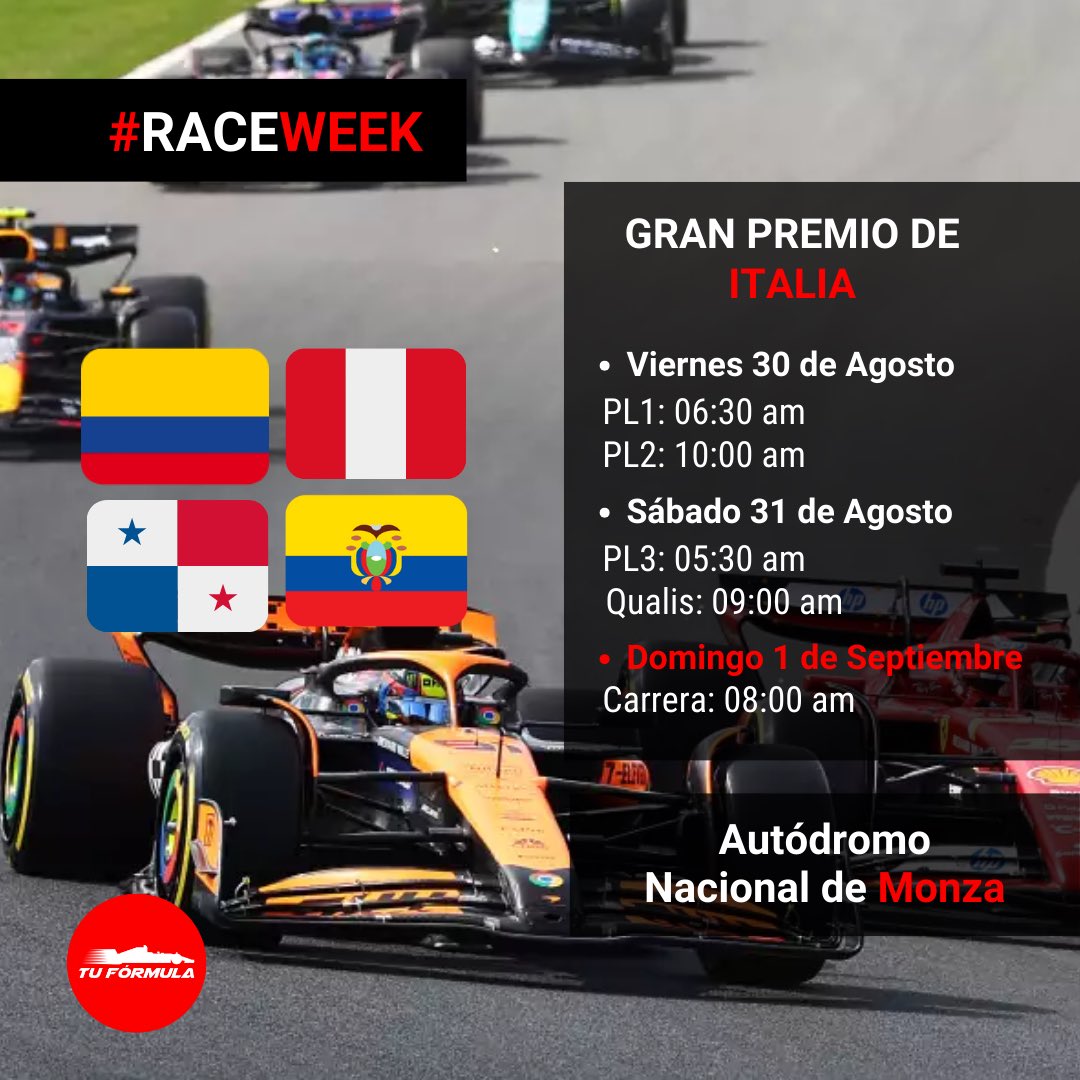 tuformula_1's tweet photo. 🚨 ES SEMANA DE CARRERA 🚨
Llega el Gran Premio de Italia en el Autódromo Internacional de Monza 🇮🇹🔥
Lista la casa de los tifo si para recibir la máxima categoría una vez más y aquí te dejamos los horarios para el fin de semana 🤩
•
#Formula1 #F1 #Monza #RaceWeek #TuFormula https://t.co/tOdZ3xoUi5
