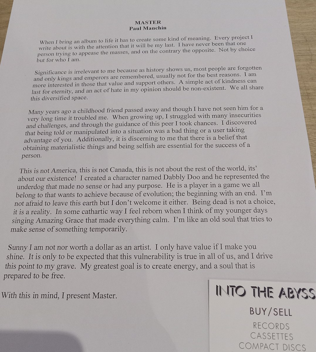 Thank you Into The Abyss Records #intotheabyssrecords for posting #PaulManchin's flyer!