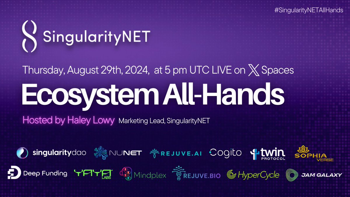 SingularityNET's tweet image. Set your reminders now and join us today at 5 pm UTC for a new #SingularityNET Ecosystem All-Hands meeting on X Spaces to learn about the latest developments in our decentralized #AI ecosystem: x.com/i/spaces/1dRKZ…