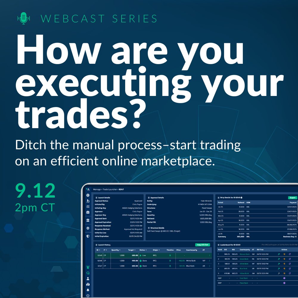 AEGIShedging's tweet image. Join us on September 12 at 2pm CT, for an opportunity to make your trade execution as efficient as possible.
Register Now: hubs.li/Q02MZ88H0

#commoditytrading #ctrm #ctrmsoftware #riskmanagement #agriculture #ags #softs #commodityhedging #commodityrisk