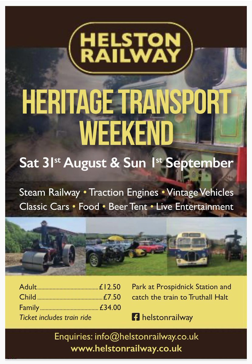 Good evening all, just a little reminder that Helston Railway are holding their Annual Heritage Transport Weekend this weekend. Come and enjoy the vintage vehicles, climbing wall, bouncy castle, beer tent and cafe.  Trains depart at 1030, 1130, 1300, 1400 and 1500.