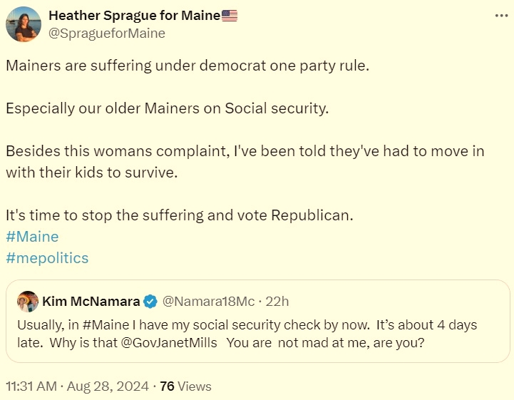 Where to begin?
- <a href="/GovJanetMills/">Governor Janet Mills</a> is not a Federal postal official or mail carrier
- The Postmaster General degrading service is a Trump appointee
- Parts of the USPS's demise can be traced to Susan Collins
- <a href="/SpragueforMaine/">Sprague for Maine</a> surely knows "this woman" is a RW activist

#mepolitics