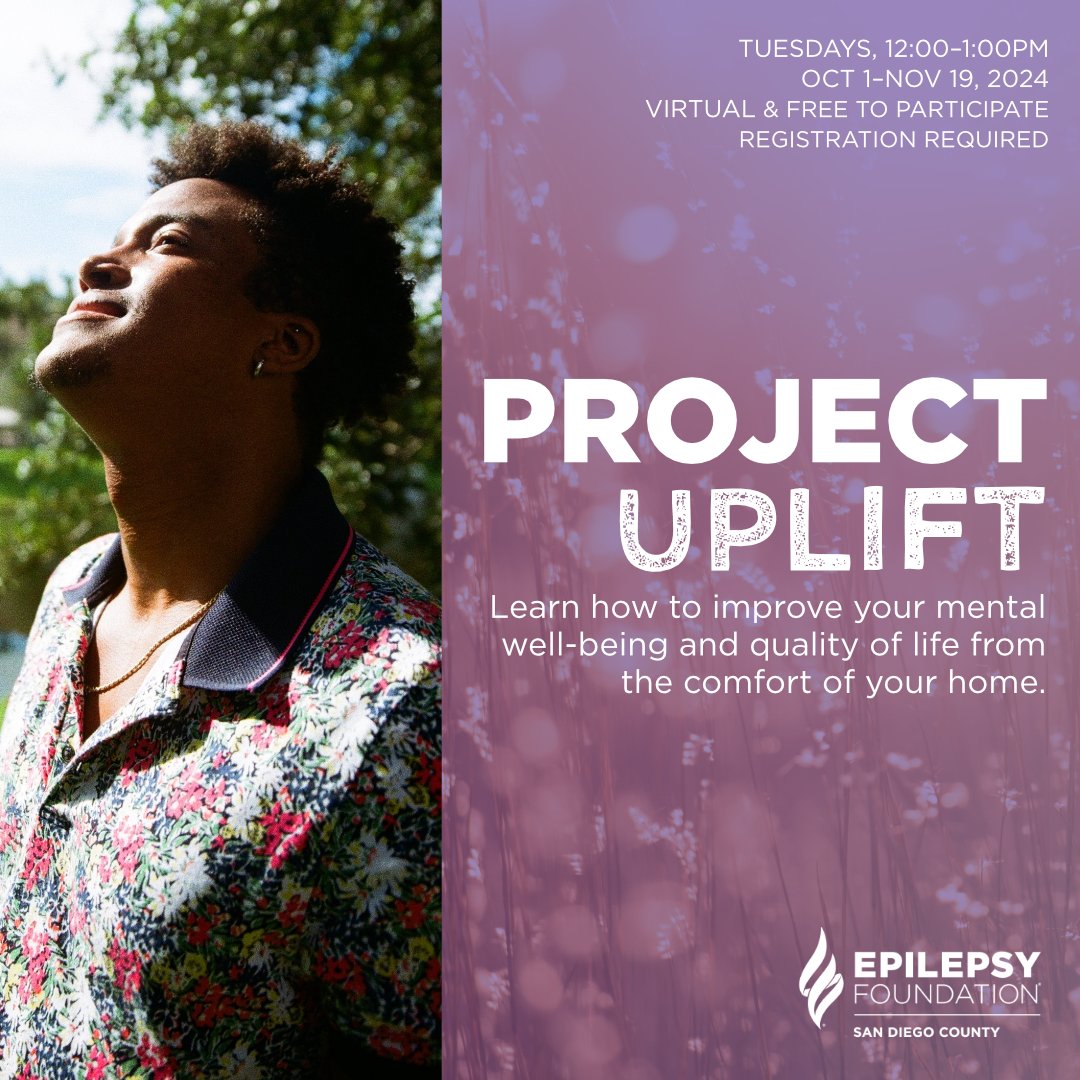 EpilepsySD's tweet image. Learn more about #ProjectUPLIFT, our free 8-wk program that will meet Tuesdays, 12–1 p.m., from Oct 1–Nov 19, 2024 &amp;amp; combines #mindfulness &amp;amp; Cognitive Behavioral Therapy techniques to improve #MentalWellness. epilepsysandiego.org/project-uplift/

#EpilepsySD #EpilepsySupport