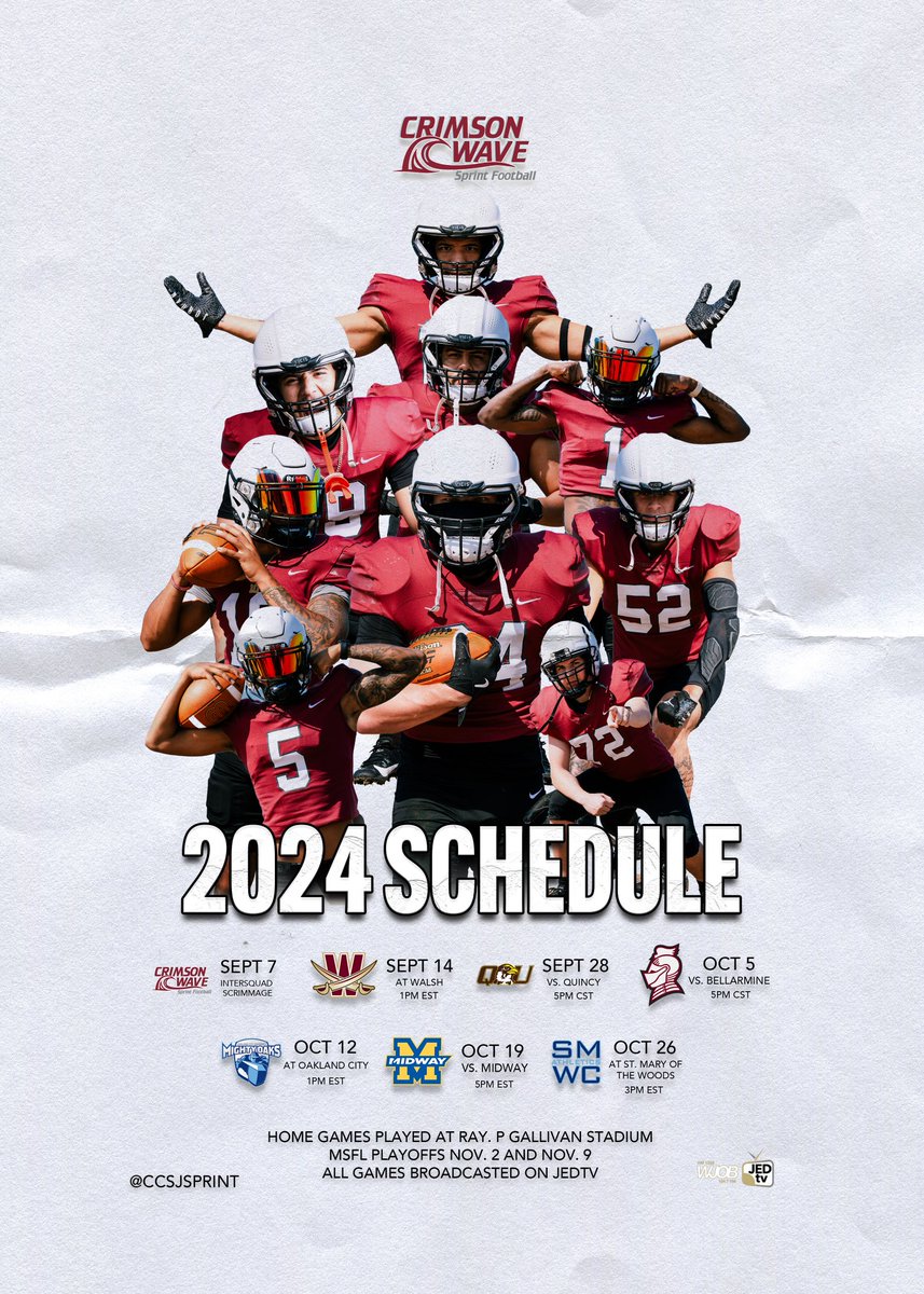 Calumet College of Saint Joseph Sprint FB π (@ccsjsprintfb) on Twitter photo Our poster schedule! Hot off the press!
Did someone say FOOTBALL!?!?!?! You can watch all our home games live on <a href="/JEDtvSportsNet/">JEDtv Sports Network</a>! <a href="/CCSJAthletics/">Crimson Wave</a> <a href="/CCSJWave/">Calumet College of St. Joseph</a> Our poster schedule! Hot off the press!
Did someone say FOOTBALL!?!?!?! You can watch all our home games live on <a href="/JEDtvSportsNet/">JEDtv Sports Network</a>! <a href="/CCSJAthletics/">Crimson Wave</a> <a href="/CCSJWave/">Calumet College of St. Joseph</a>
