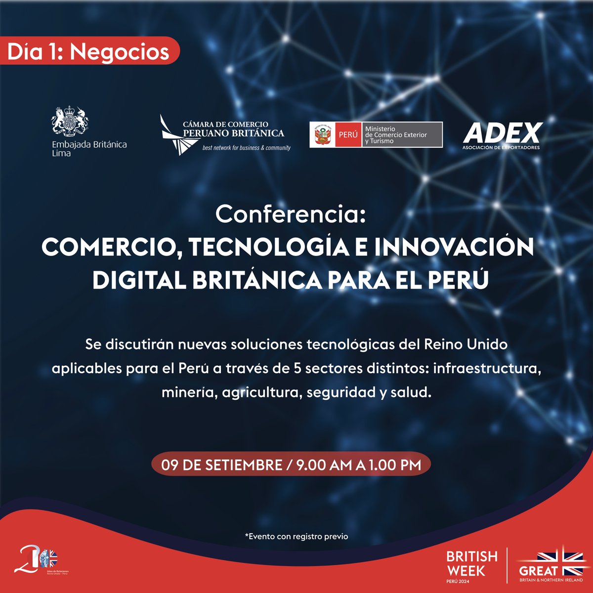 UKinPeru's tweet photo. #BritishWeek24 Día 1: Negocios ‼️
Conferencia: Comercio, Tecnología e innovación Digital Británica para el Perú, en conjunto con @MINCETUR, @britchamperu y @ADEX_PERU. 🇬🇧🤝🇵🇪
*Registro limitado, espera un correo de confirmación.
Registro ➡️ https://t.co/PQS2eIIpvg https://t.co/pxBcZ8yJFR